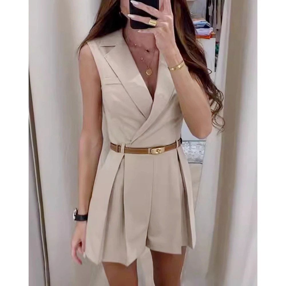 Summer Women Solid Color Ruched Blazer Romper Fashion Nothched Collar Sleeveless Playsuit for Femme Elegant Work Wear Outfits