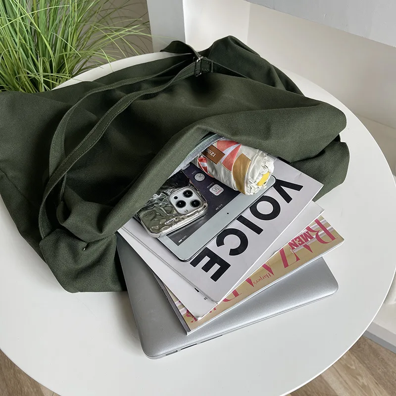 Solid Color Canvas Shoulder Bag Large Capacity Crossbody Bag Casual Shopping Bag with Adjustable Strap Handbag Daily Travel Bags