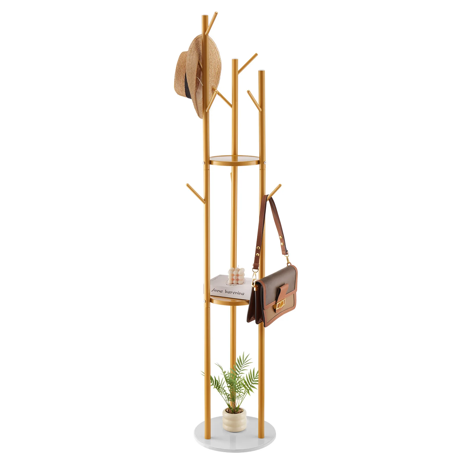 SucceBuy Coat Rack, Freestanding Coat Rack Stand with Quartz Stone Base & 9 Hooks for Bedroom Modern Clothes Hanger for Coat Hat