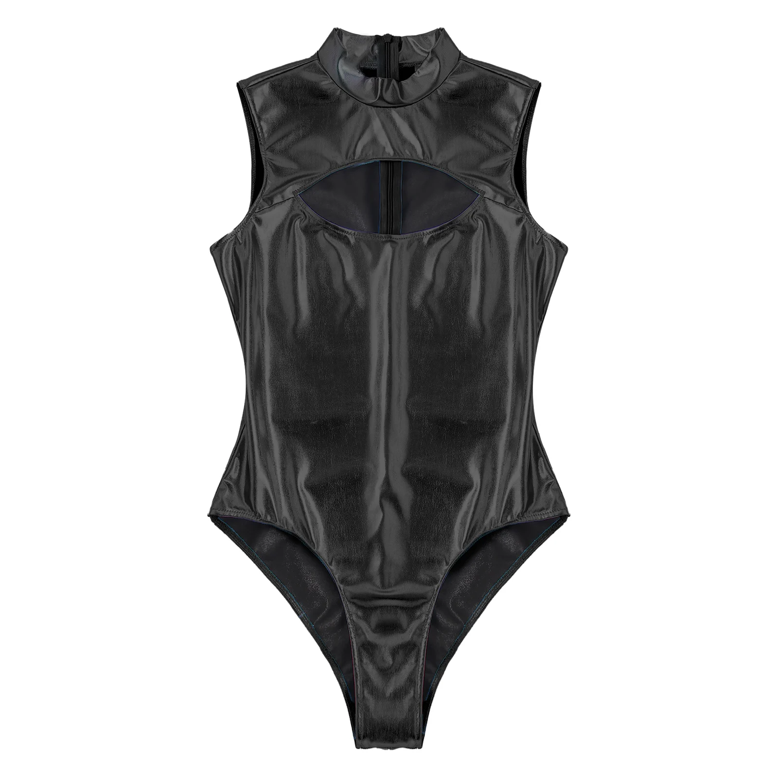 Mens Metallic Bodysuit Front Cutout Mock Neck Sleeveless Zipper Leotard Jumpsuit for Man Bar Clubbing Pool Party Clubwear