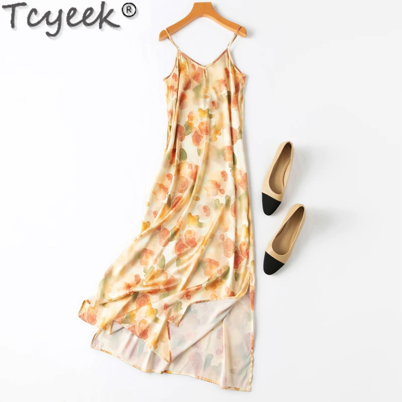 

Tcyeek 93% Mulberry Silk Summer Dresses for Women Clothes 19mm Real Silk Elegant Women's Dress 2024 Sling Sexy Dress Vestidos