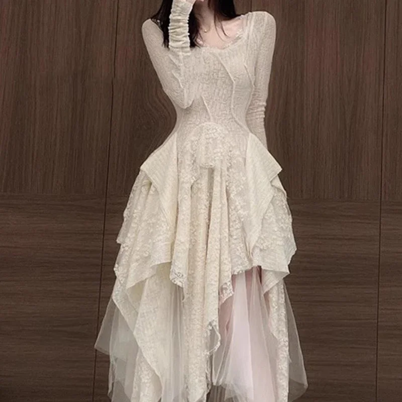 

Женское асимметричное платье с вышивкой, кружевное платье абрикосового цвета с длинным рукавом, винтажное вечернее платье в готическом стиле, женская одежда с высокой талией