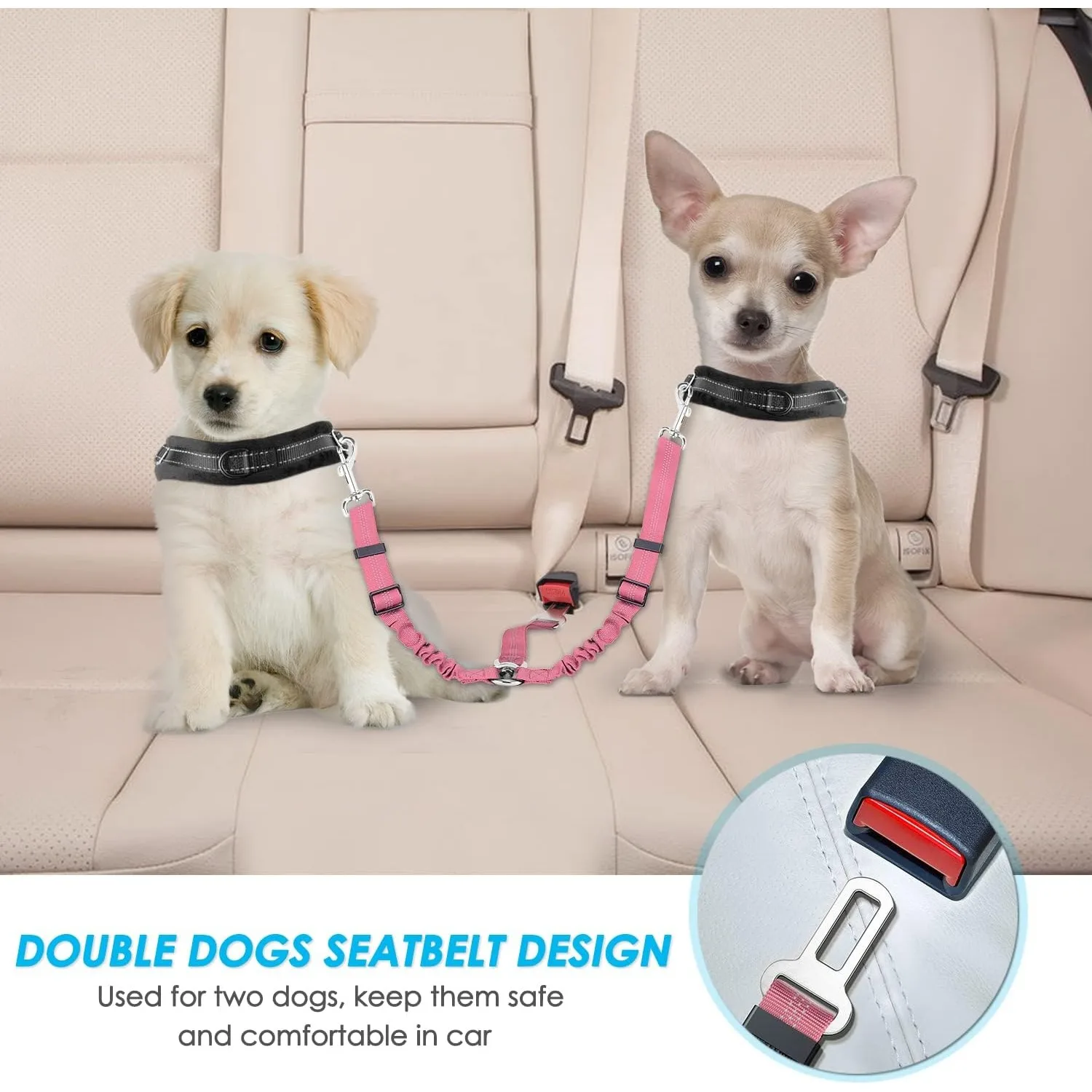 Double Dog Safety Seat Belt Adjustable Elastic Car Safety Leash Shock Reflective Dog Vehicle Restraint Drive Pet Belt