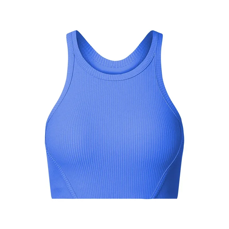 Vertical ribbed bra with chest cushion, high neck, elastic and skin friendly sports bra high-strength shock-absorbing sports