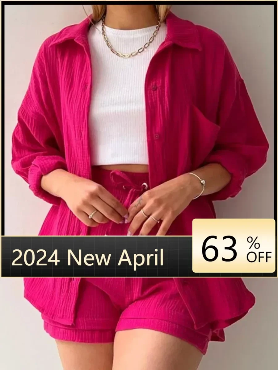 

Short Sets Female Clothing Long Shirt High Waisted Shorts Solid 2-pcs Set Casual Button Outfits Loose Fit Suit Streetwear Summer