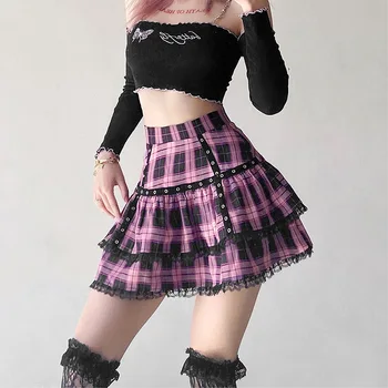 Mini Jupes pour femmes Rose nickel, Plaid plissé, Lolita Streetwear
