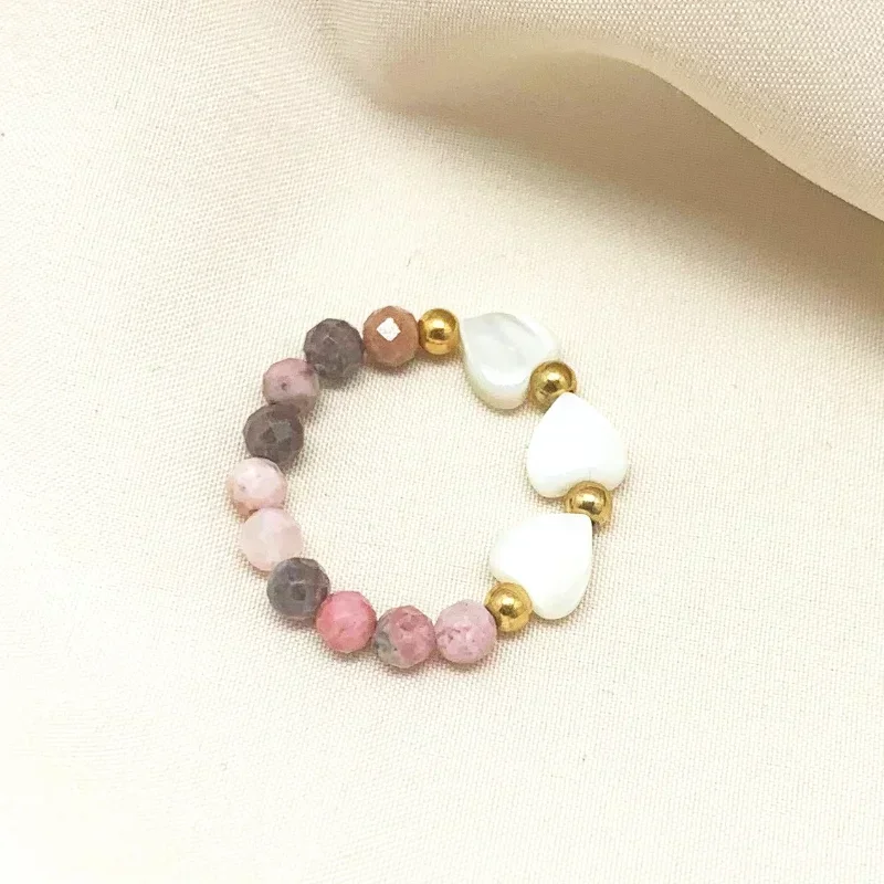 Finger Rings Classic Shell Heart Set Rhodochrosite Natural Stone Stainless Steel Beads For Women Birthday Wedding Girls