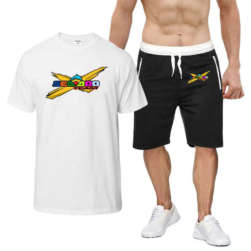 2023 Summer Sea Doo Seadoo Moto Logo printed sports round neck short-sleeved cotton top+popular sports pants solid color suit