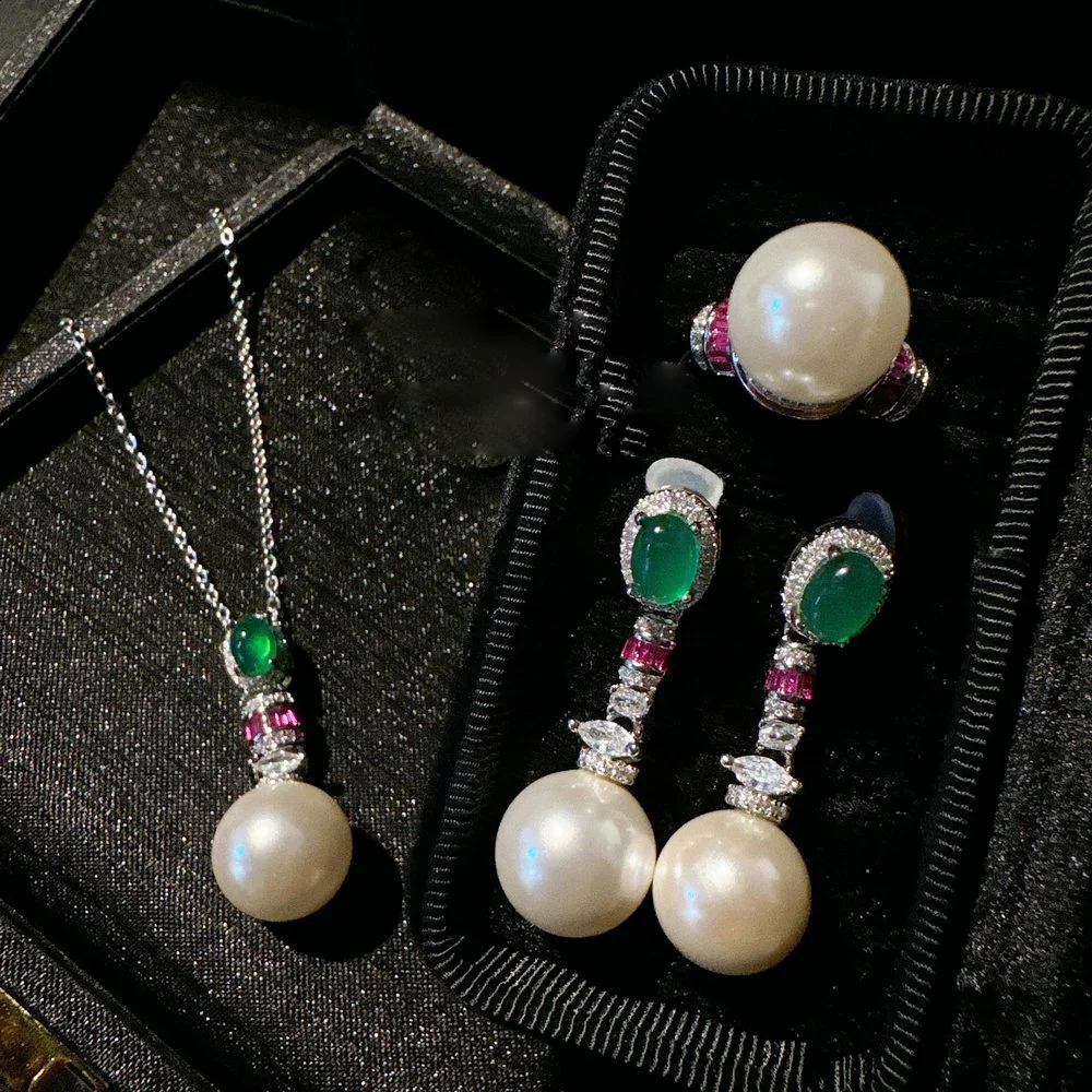 Women Brazil Chrysoprase Agate Gemstone Pearl Earrings Necklace Set 2024 1