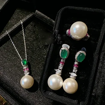Women Brazil Chrysoprase Agate Gemstone Pearl Earrings Necklace Set 2024 1