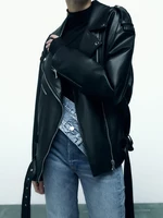 Ailegogo Femmes Loose Moto Biker Noir Pu Faux Cuir Veste avec Ceinture Printemps Automne Femme Zipper Manteau Outwear 4