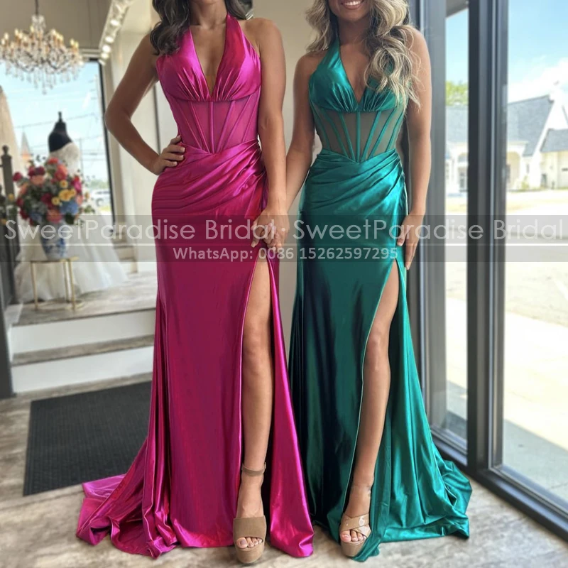 

Sexy High Split Mermaid Bridesmaid Dresses Deep V Neck Long Pleat Sheath Sleeveless Wedding Party Dress Maid Of Honor For Women