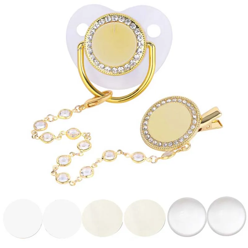 Blank Personalized Baby Pacifier with Chain Clips Covers Luxury Bling Zircon Silicone Dummy Nipple Teether Newborn Gift 5Set/lot 6