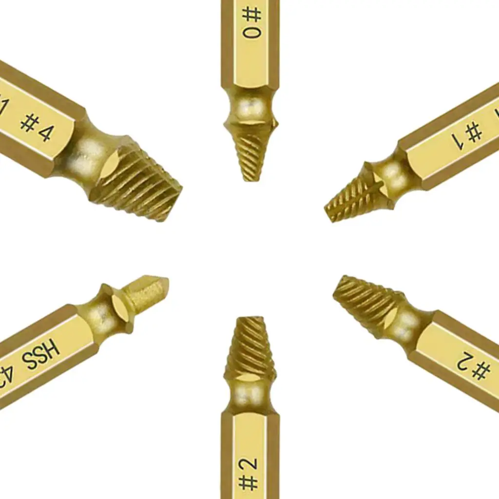 

Экстрактор для поврежденных винтов, набор для извлечения сорванных винтов, дрель, экстрактор для сломанных винтов и устройство для удаления винтов (золото, набор из 6 шт.)