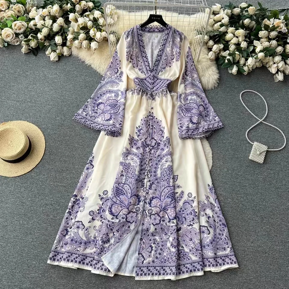 

Fashion Elegant Runway Designer Spring Summer Women Retro Print V Neck Flare Sleeve Vacation Beach Holiday Casual A Line Dresses