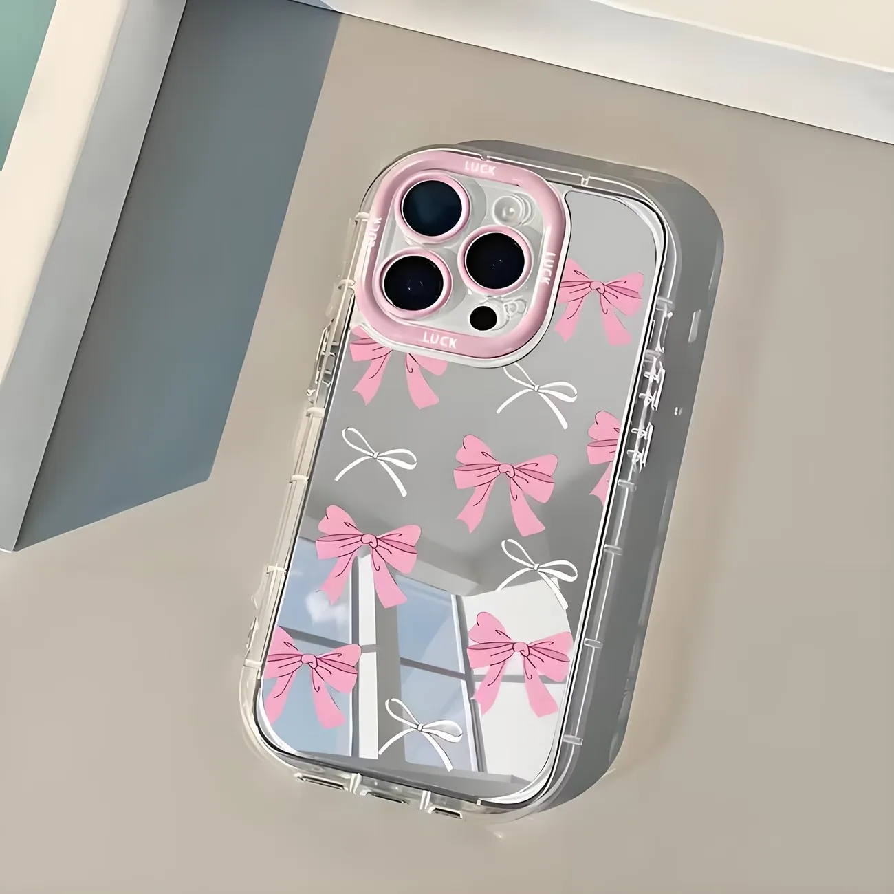 Korean Simple Blue Pink Bow Girl Mirror Cute Phone Case Cover