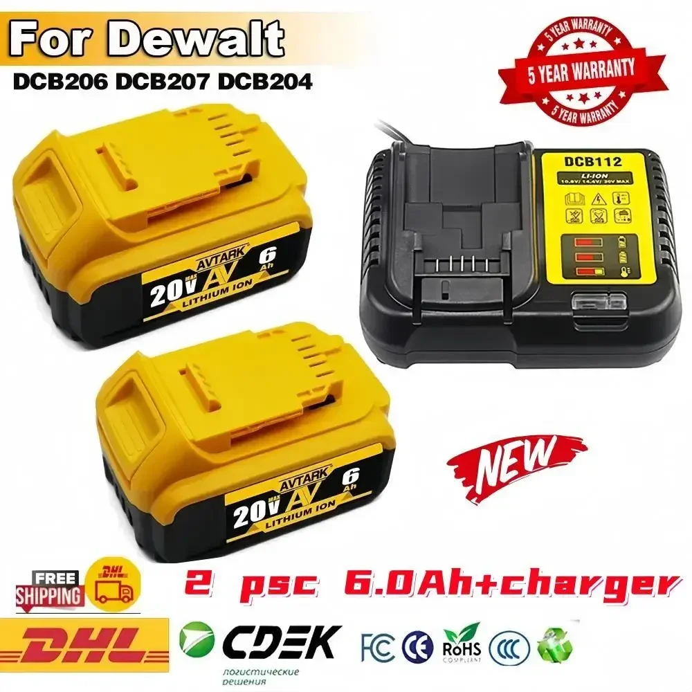 

20V for Dewalt DCB200 6.0Ah/8.0Ah Replacement Battery Compatible with For Dewalt DCB205 DCB182 20V Tools Battery+battery Charger