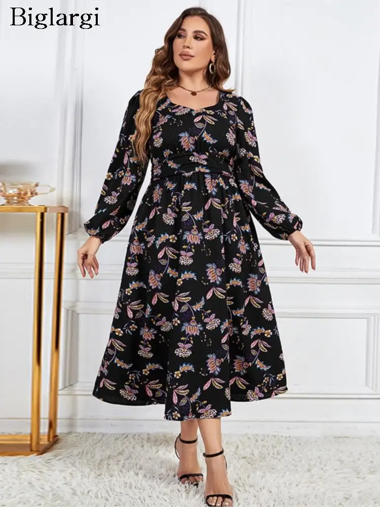 

Plus Size Summer Floral Long Dress Women Long Sleeve Flower Print Ladies Dresses Casual Fashion Woman Dress 2023