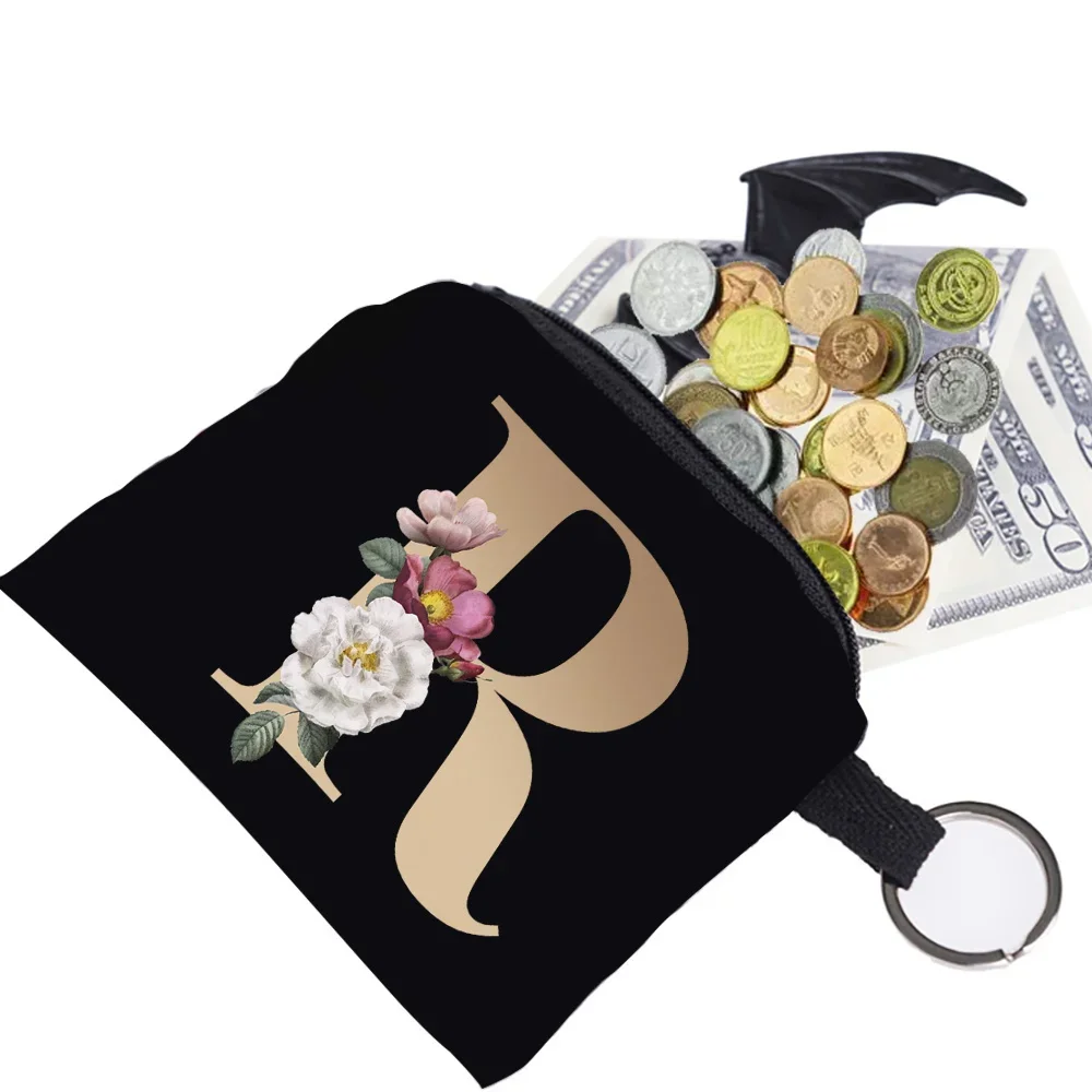 Wallet Unisex Coin Bag Earplugs Key Storage Bag Small Object Ring Buckle Organizer Black Canvas Gold Letter Print Pattern Series