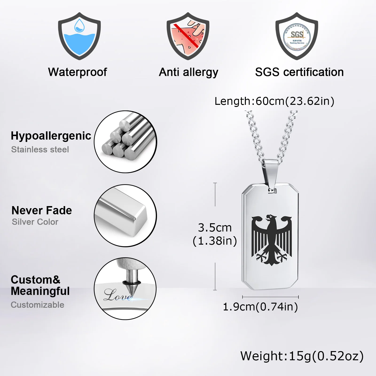 German Eagle Square Neckalces for Men, Stainless Steel Big/Small Dog Tag Pendant Necklace,Trendy Germany Jewelry Gift