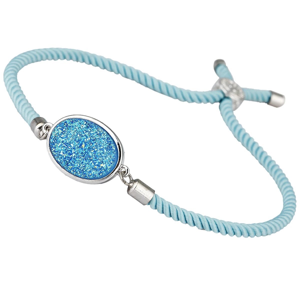 

Titanium Coated Druzy Quartz Crystal Stone Bracelet Adjustable Nylon Cord For Women Men Jewelry