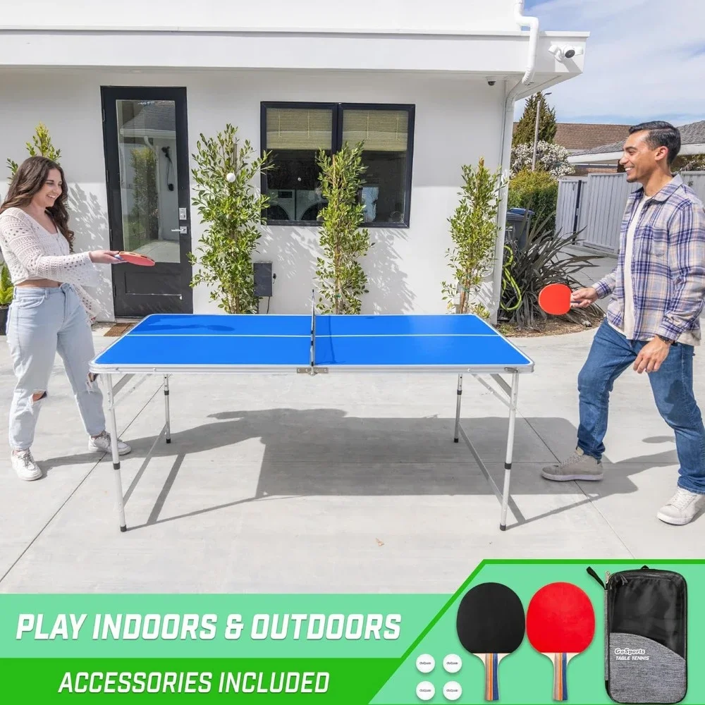 Table Tennis Table 6 X 3 Ft Mid-Size Set with Adjustable Height Bring Two Rackets and Four Balls Foldable Ping Pong Table