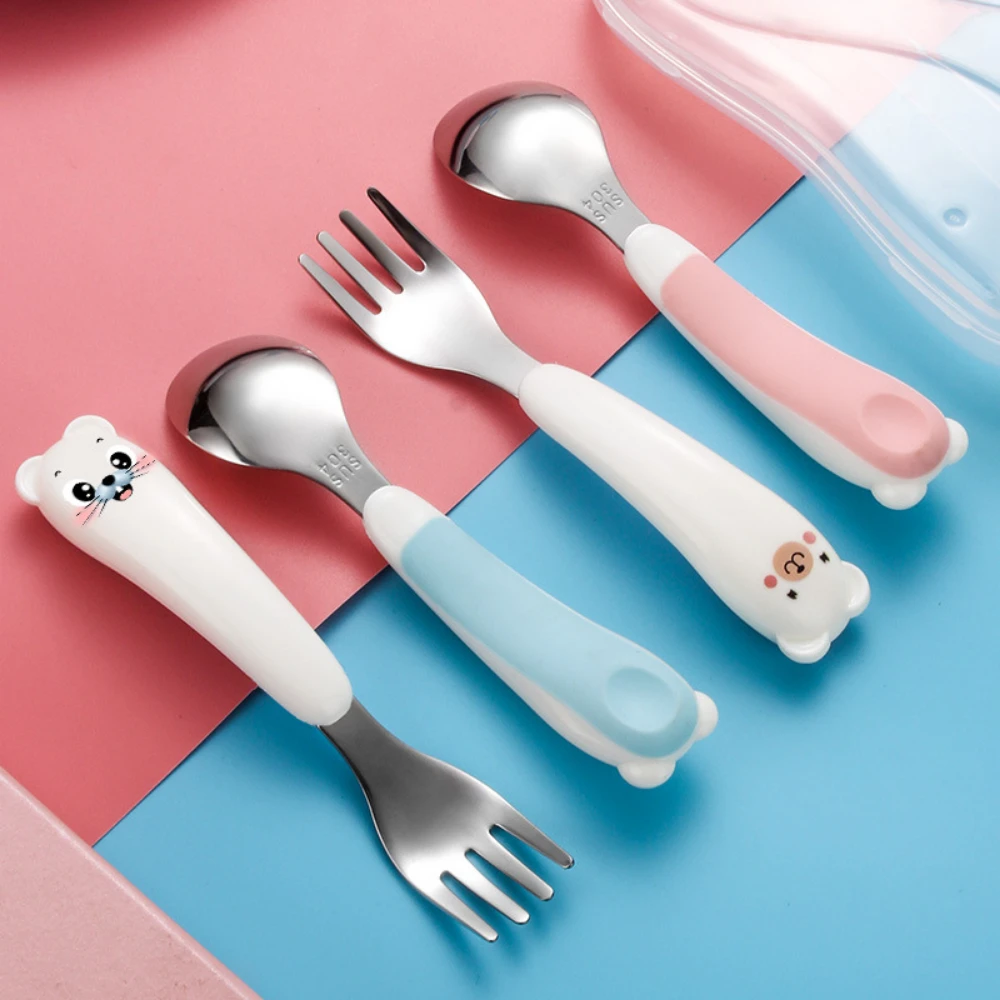 Cute Cartoon Stainless Steel Fork Spoon Set Non-slip ABS Handle Grasp Kids Training Spoon Utensil Baby Feeding Tableware Cutlery baby pacifier strap