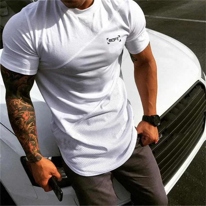 

Summer Breathable Short Sleeve Tees Tops Gym Fitness Bodybuilding Muscle Shirt Men's Running Sport Cotton Patchwork Mesh T-Shirt