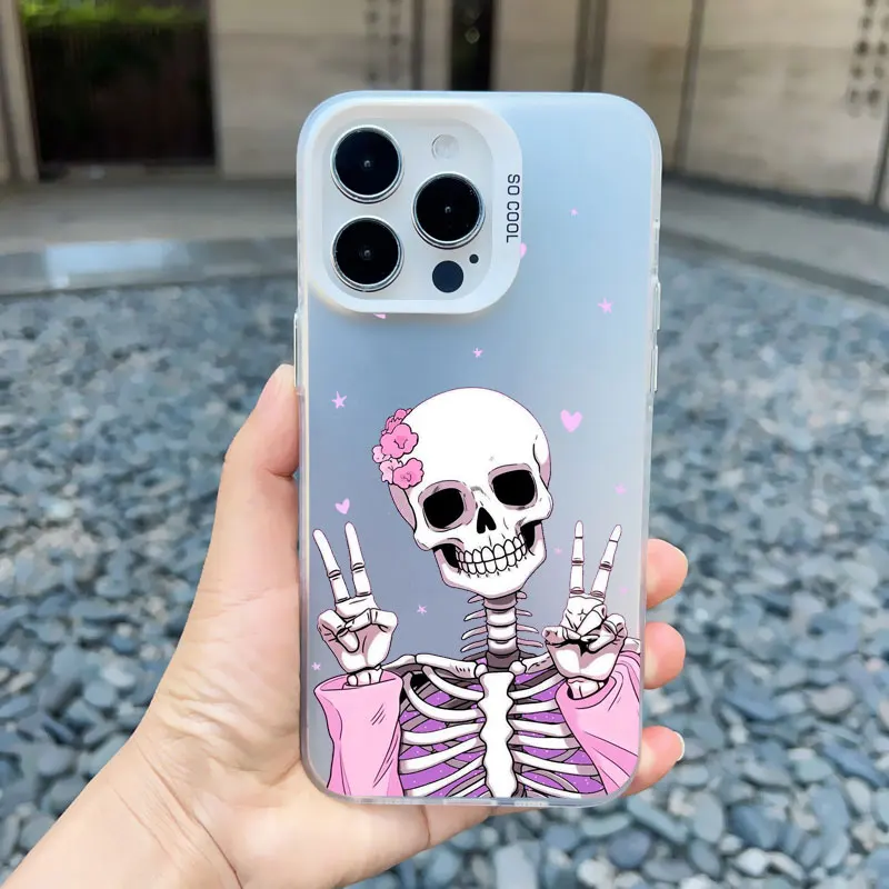 Modische Rosa Skelett-Geist Laser-Handyhülle für iPhone 16 12 13 Mini 11 Pro Max 17 14 15 Pro Max 16 15 14 Plus Stoßfeste Schutzhülle – Detail 3