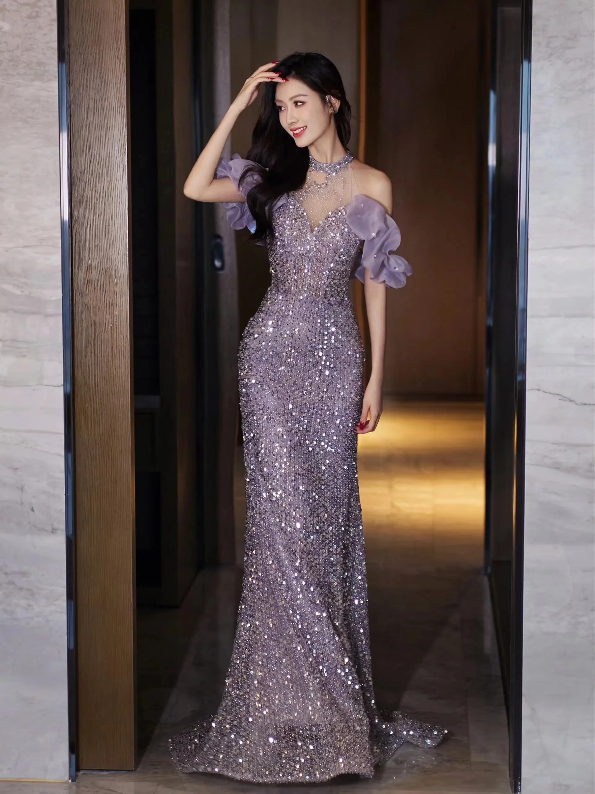 

Gorgeous Purple Sequined Evening Dress Halter Off Shoulder Slim Fishtail Dress Elegant Women Banquet Floor Length Formal Gown