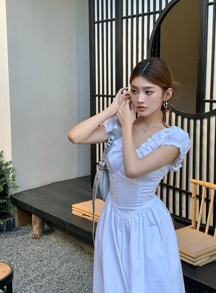 Casual Solid Midi Dresses for Women Korean Chic V-neck Backless High Waist Puff Sleeve A-line Party Dress Summer Vestidos Mujer