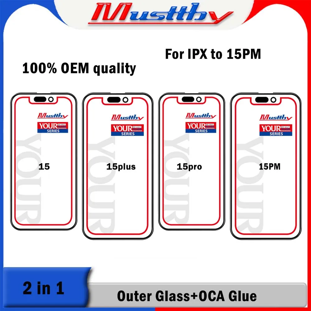 

Musttby 5pc 100% OEM Quality Front Screen Outer Glass+OCA Adhesive For Apple iPhone 15 14 X Xs 11 12 13 Pro Max Repalcement