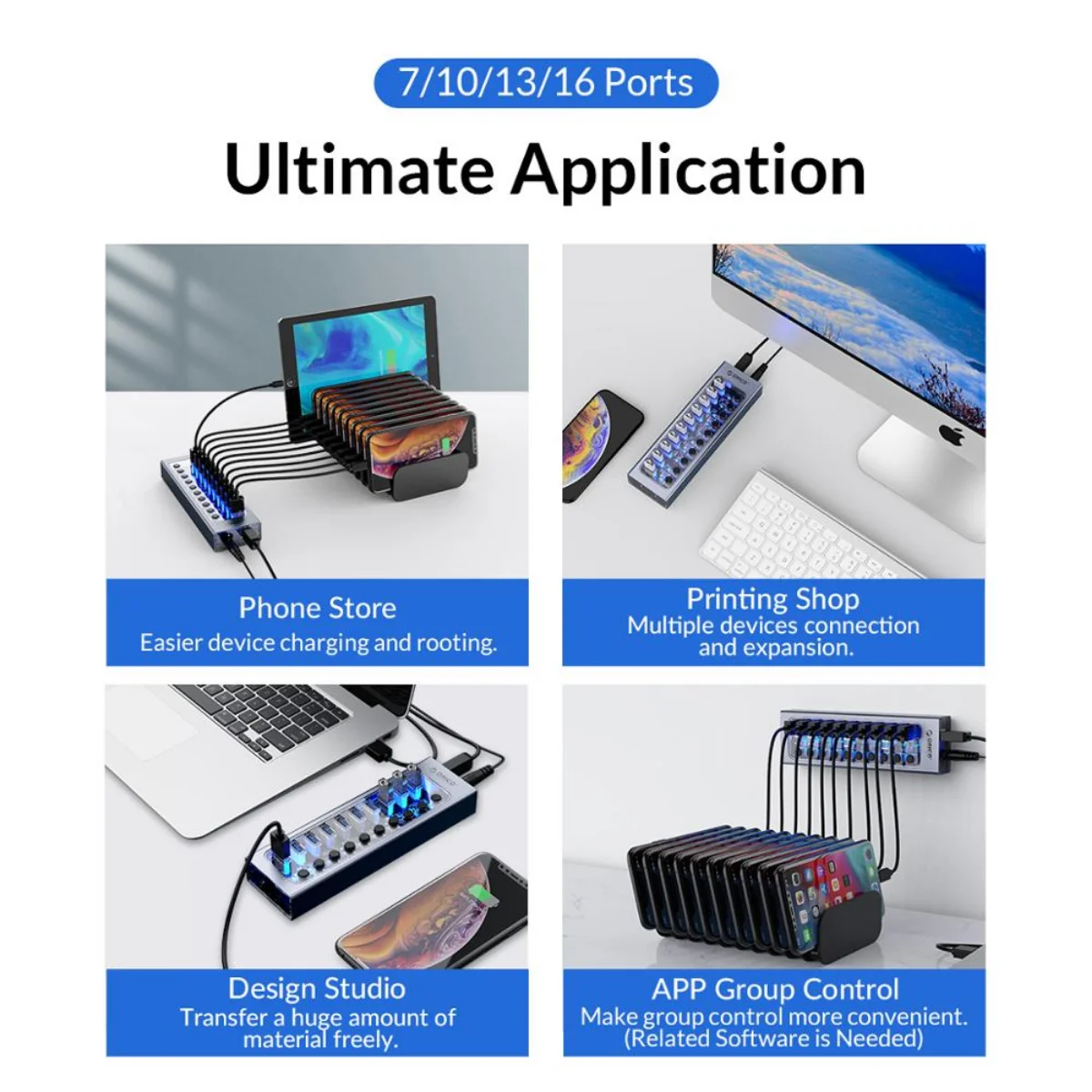 Soquete Divisor de Hub Usb Alimentado por Orico com Interruptores Ligados e Desligados Adaptador de Energia para pc Extensão Usb 3.0 12v 10 13 16 Portas - Imagem 4