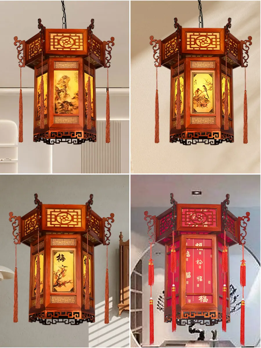 

Chinese style solid wood hexagonal palace lamp balcony, red lantern pendant lamp, temple, ancestral hall, Chinese style antique