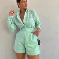 Women's Long Sleeve 2-Piece Set Casual Button Detail Shorts Outfit with Shirt Top Summer Fashion Female Suit - Image 4