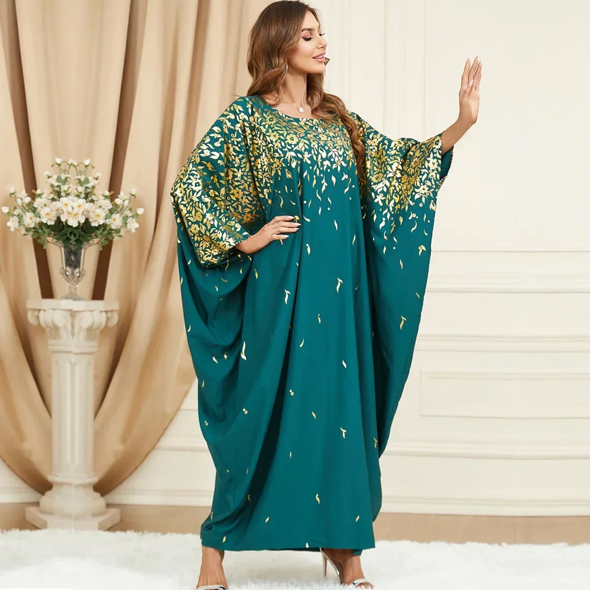 

Women Muslim Long Dress Dubai Arab Islam Abaya Green Bat Sleeve Kaftan Robes Elegant Loose Maxi Dresses Islamic Clothing Caftan