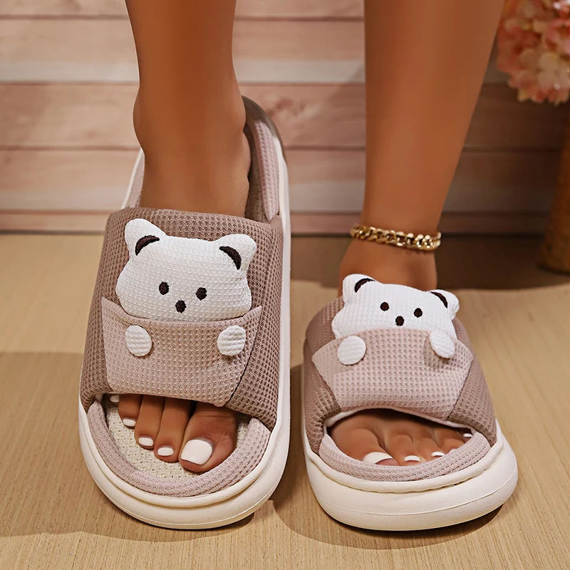 Cute Cartoon Bear Linen Slippers Women Breathable Sole Four Season Indoor Comzy Plus Size 45 Unisex House Slides Shoes