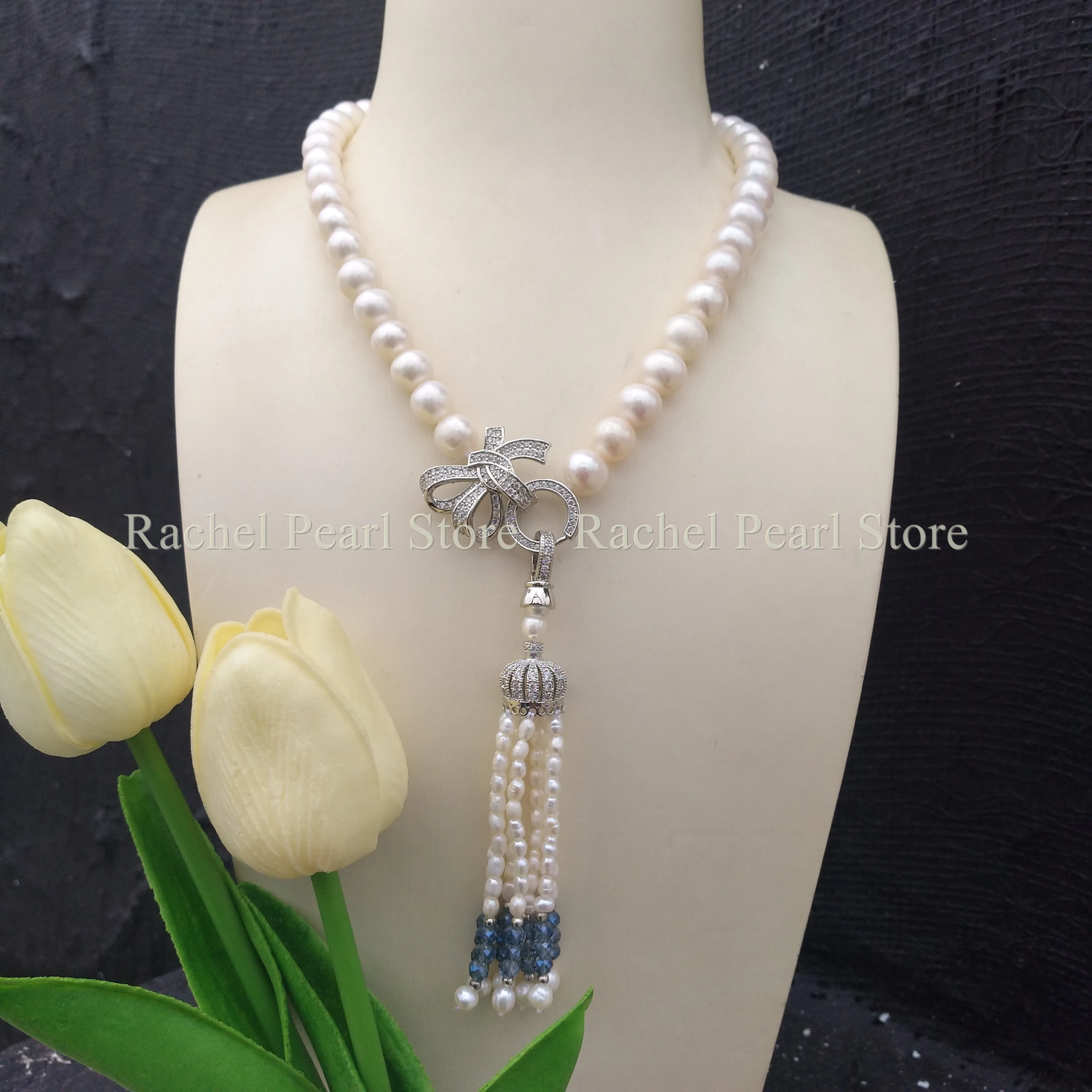 

Classic Aaaa 9-10mm Natural South Sea Authentic White Round Real Pearl Necklace 45cm 50cm Nice Big Bow Free Shipping