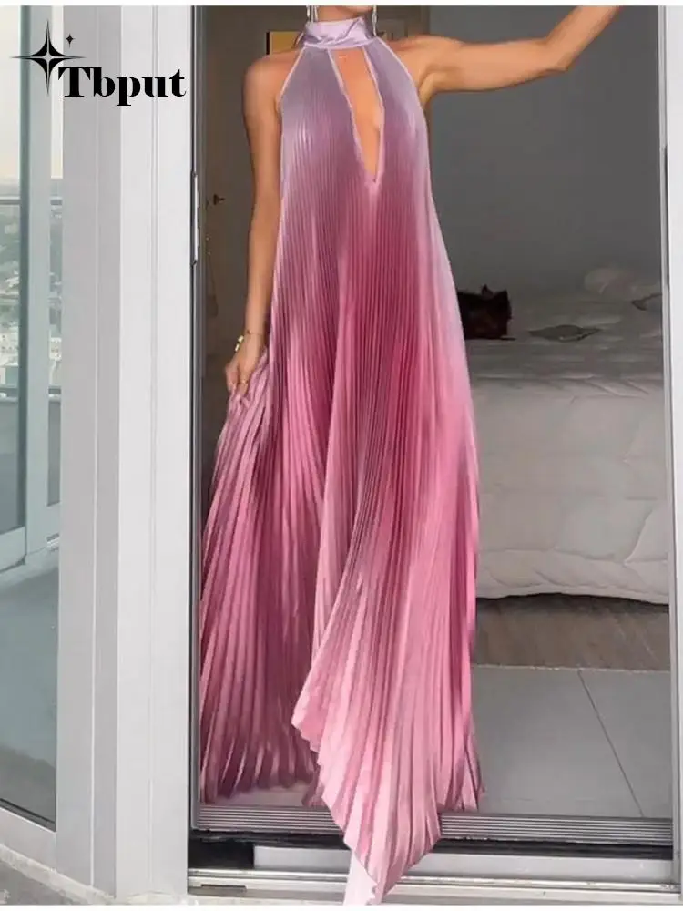 

2023 Pleated Gradient Halter Dress For Women Sexy Backless Off Shoulder Sleeveless Dresses Elegant Ladies Evening Party Robes
