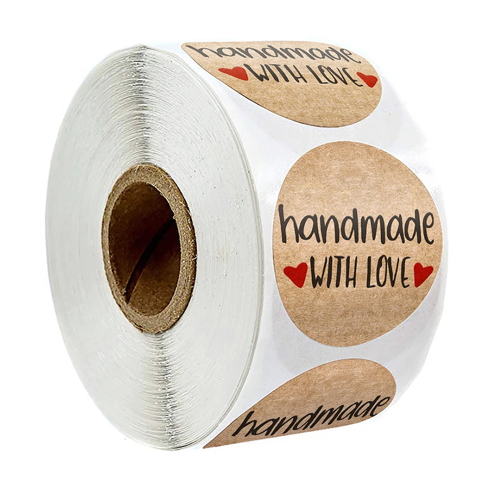 Kraft Papier Autocollants Handmade with Love 2.5cm Rond Étiquette Adhésives  Rouleau Kraft Fait À La Main avec Amour Autocollant Label pour DIY Cuisson