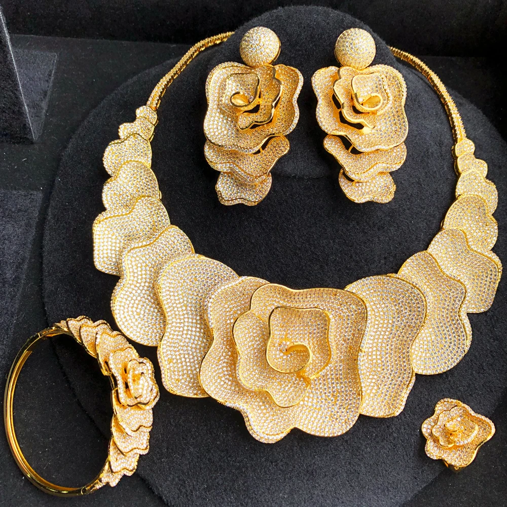 

KellyBola 4 шт. модные великолепные цветы Ювелирные наборы для женщин Свадебные африканские индийские полные кубические циркония Дубаи Свадебные украшения