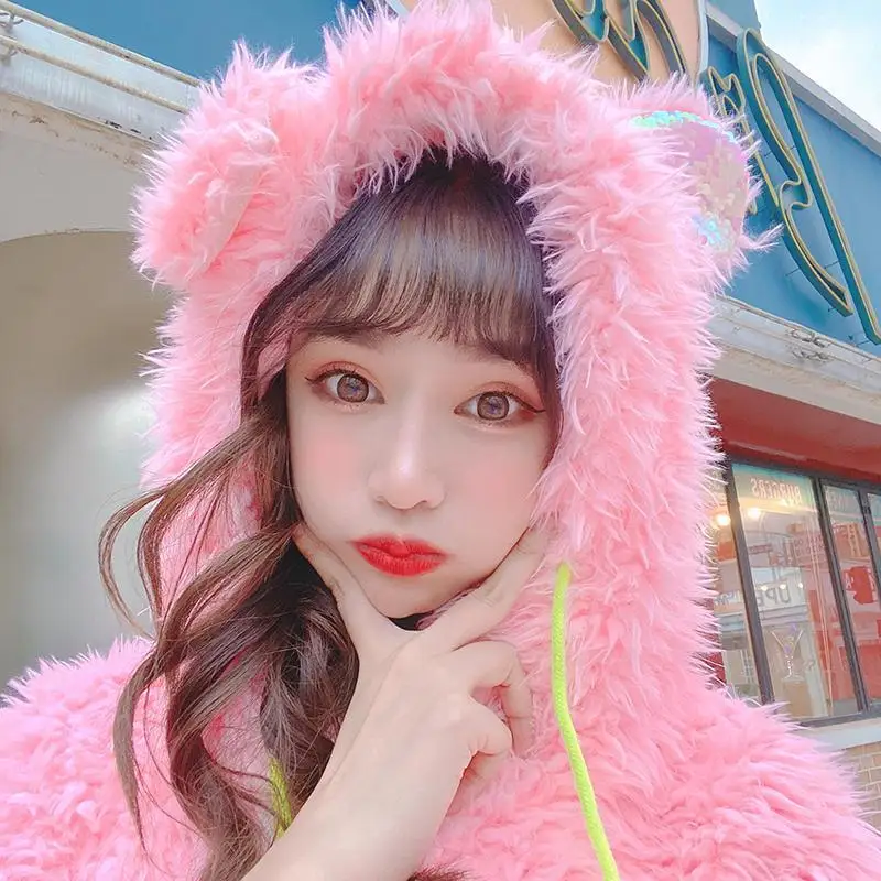 Hoodie Imitation Fur Cute Ears Plush Coat For Women Winter New Sweet Warm Thick Furry Ladies Hoodie Pink