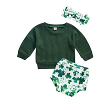 

St. Patrick's Day Infant Baby Girl 3Pc Clothes Sets Solid Color Long Bat Sleeve Tops Four-leaf Clover Print Shorts Bow Headband