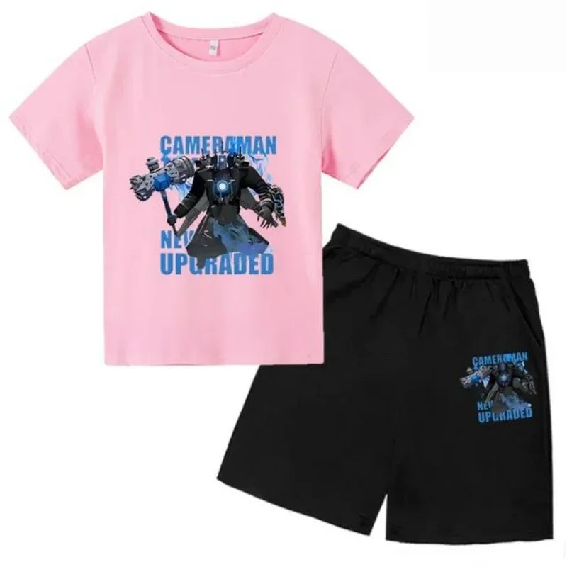 thumbnail image 1 of Conjunto de camiseta y pantalones cortos de manga corta para niño y niña, traje informal de moda para niño, 2 piezas, con estampado de baño Skibidi, 1 of 5