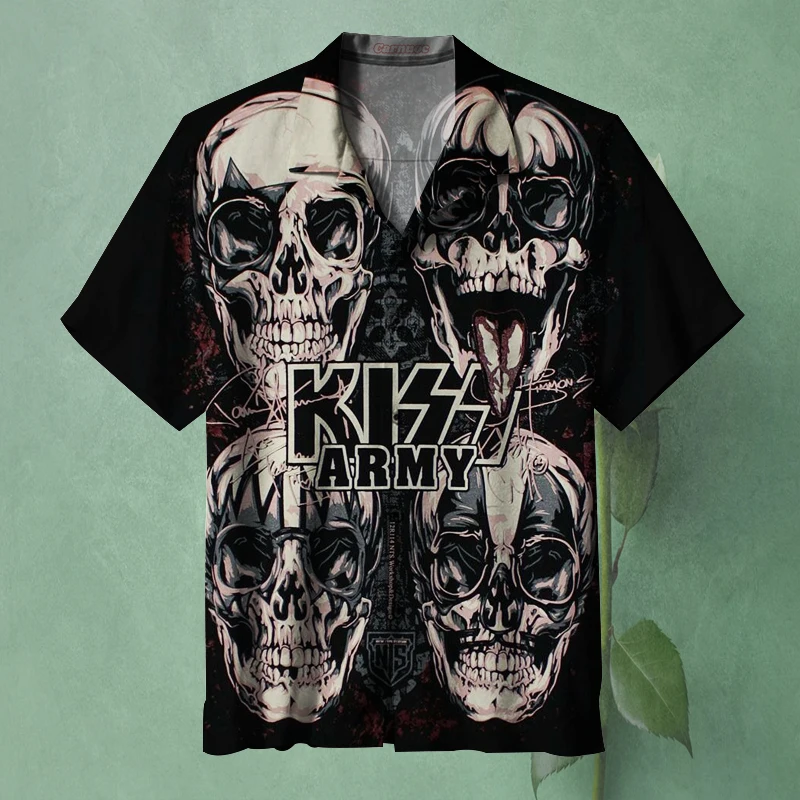 Trendy Cool Fashion KISS band Shirts Beach Party 3d Printing Hawaiian Shirt unisex Short Sleeve Oversized Blouse Lapel Shirt 4