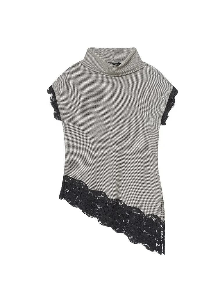 Women Vintage Sleeveless Lace Splicing Tops Elegant Streetwear Chic Stand Collar Slim Fit Asymmetrcal Hem T-Shirt Spring New