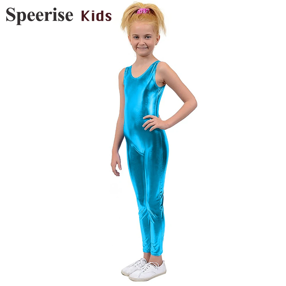 

Kid Shiny Metallic Spandex Unitards Sleeveless Catsuit Stage Costumes Children Gymnastics Suit Tank Dance Clothes Teens Toddlers
