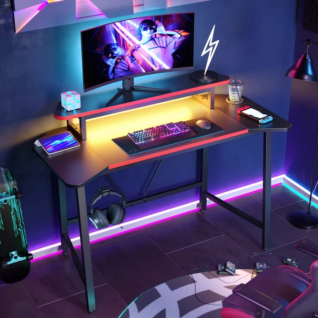 Bureau gamer, table de gaming, avec support d'ecran, surface en fibre de  carbone avec lumières rvb