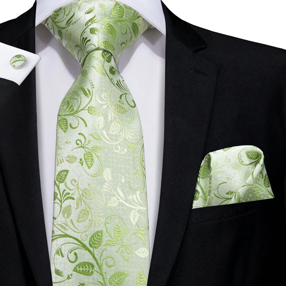 Hi-Tie Men Silk Tie Grass Green Ties Floral Necktie Boutonniere Handkerchief Cufflinks Set Wedding Cravat Groom 8.5 cm neck tie