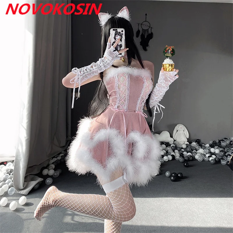 

Japanese Korea Girl White Fur Pink Velvet Bandage Christmas Dress Cat Women Ear Gloves Stocking Set New Year Cosplay Uniform